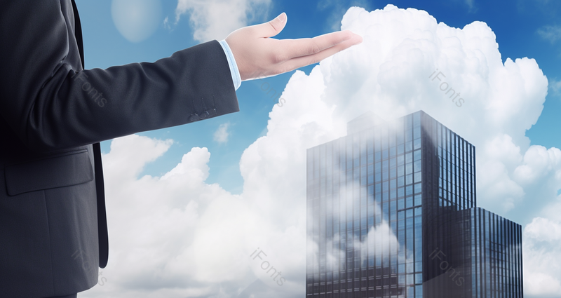 蓝天白云高楼背景男子手摊开讲解金融贸易商务房产科技公司企业合作背景,高清,摄影图,摄影图片,图片大全,摄影图免费下载